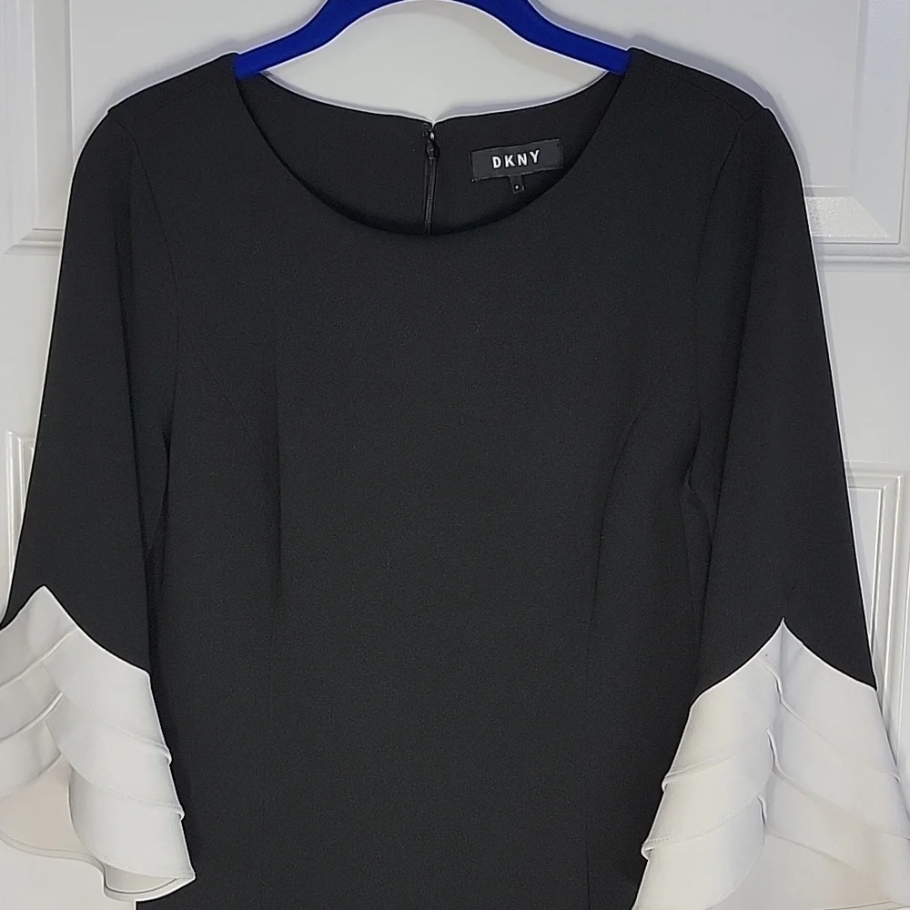 DKNY BLACK SHEATH DRESS W/TRIPLE RUFFLE SLEEVE SZ 6